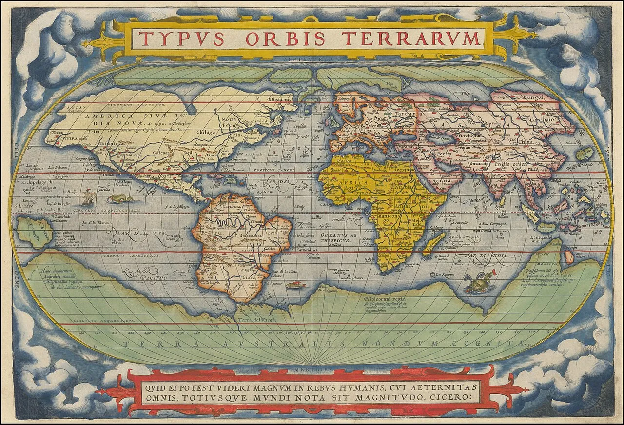 Halaman sampul atlas kuno Theatrum Orbis Terrarum karya Abraham Ortelius