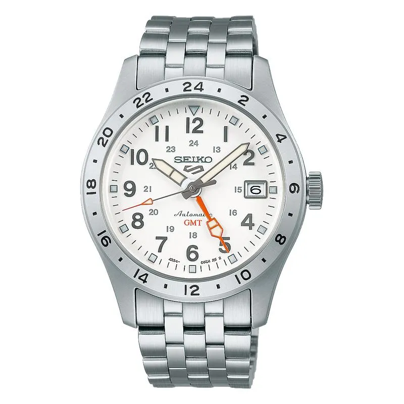 Seiko 5 Sports Overwhite Field GMT Watch dial putih jarum orange di Joy368